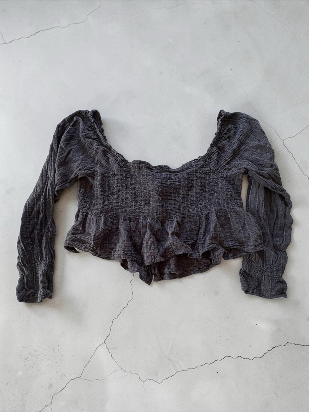 American Eagle Long Sleeve Smocked Babydoll Crop Top Blouse Sz XL Peasant Boho - Picture 4 of 12